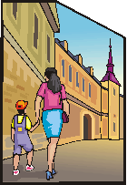 母亲和孩子在街上